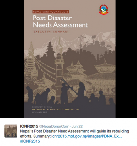 The International Conference on Nepal's Reconstruction posted the National Planning Commission's "Post Disaster Needs Assessment 2015" to their social media sites.