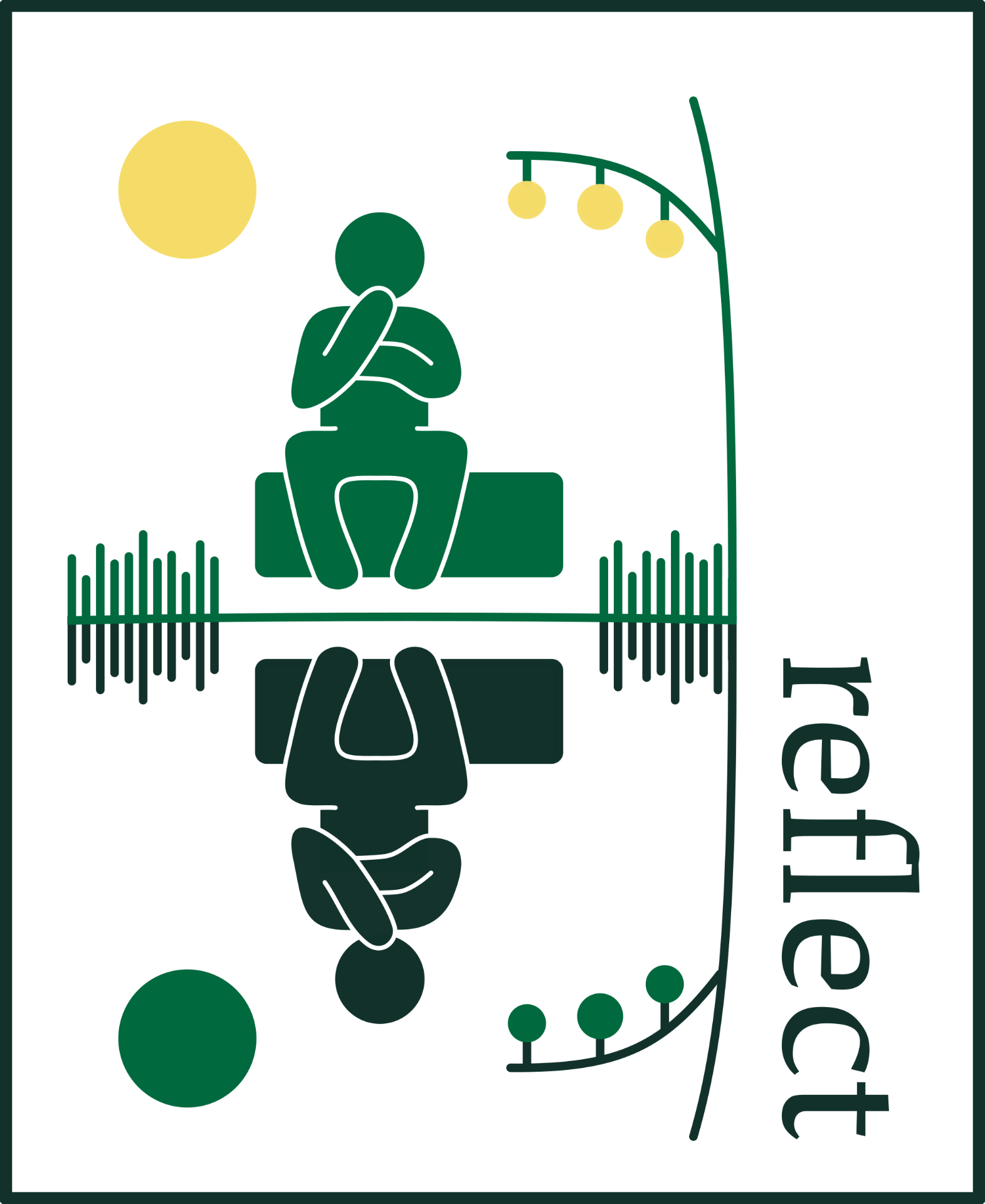 Decorative icon; a seated figure is reflected in water near the word "reflect"