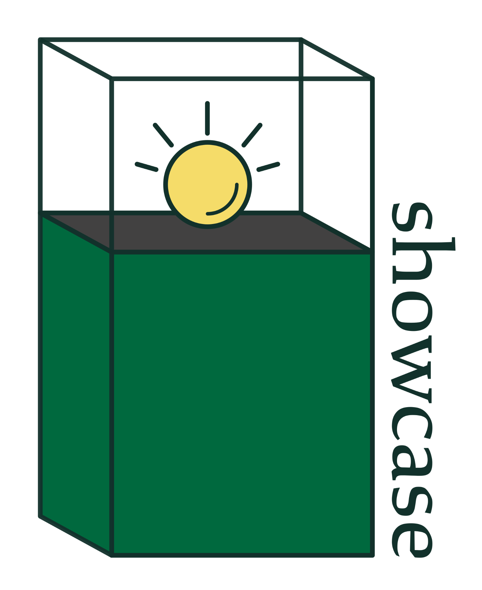 Decorative icon; an sphere is displayed in a case near the word, "showcase"