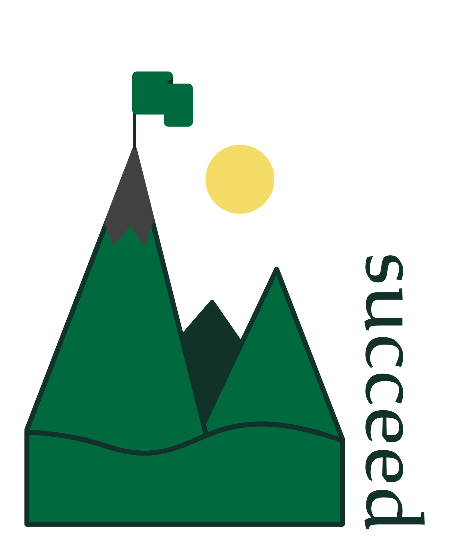 Decorative icon; a flag sits atop a mountain range near the word, "succeed"