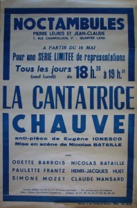 An original poster for The Bald Soprano Img. Credit: http://www.theatre-huchette.com/en/un-peu-dhistoire-en/spectacle-ionesco-en/