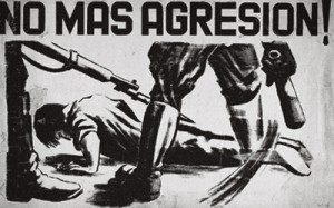 "No more aggression" a political cartoon demonstrating the physical violence of the student movements.