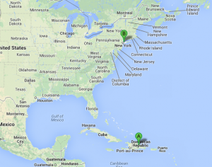Map view of Kianny's journey from the D.R. to the Bronx, NY. 