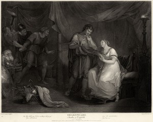 Cressida offering her love to Diomedes, as Troilus looks on, horrified at her betrayel