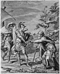 King Phineas, old and malnourished, begs the Argonauts to drive away the harpies plaguing him