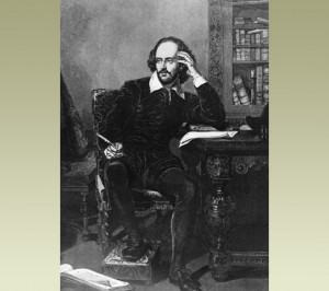 A (hypothetical) portrait of Shakespeare at his desk. It's very possible that he would have worked with multiple popular texts to compose his own