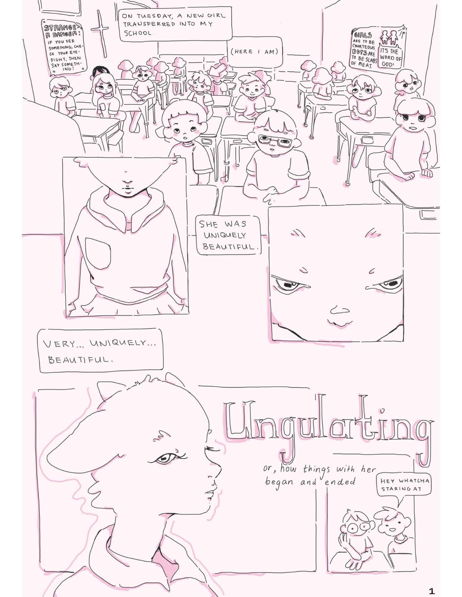 M. Chen - Comic Page 1 - Our narrator spots the new girl in school who is uniquely beautiful