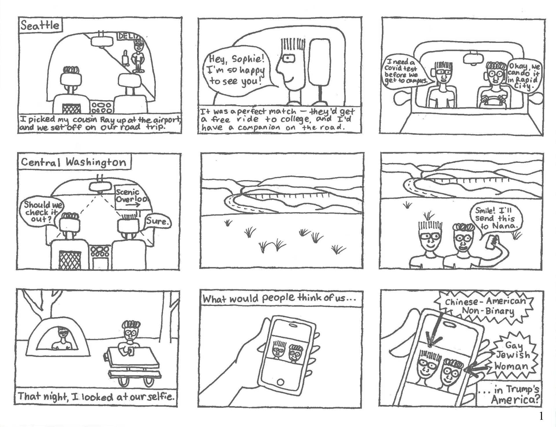 S. Frank - Comic Page 1 - Our main characters start a road trip in Seattle, and take a selfie, and one character reflects on the statement of simply taking that selfie of the people they are.