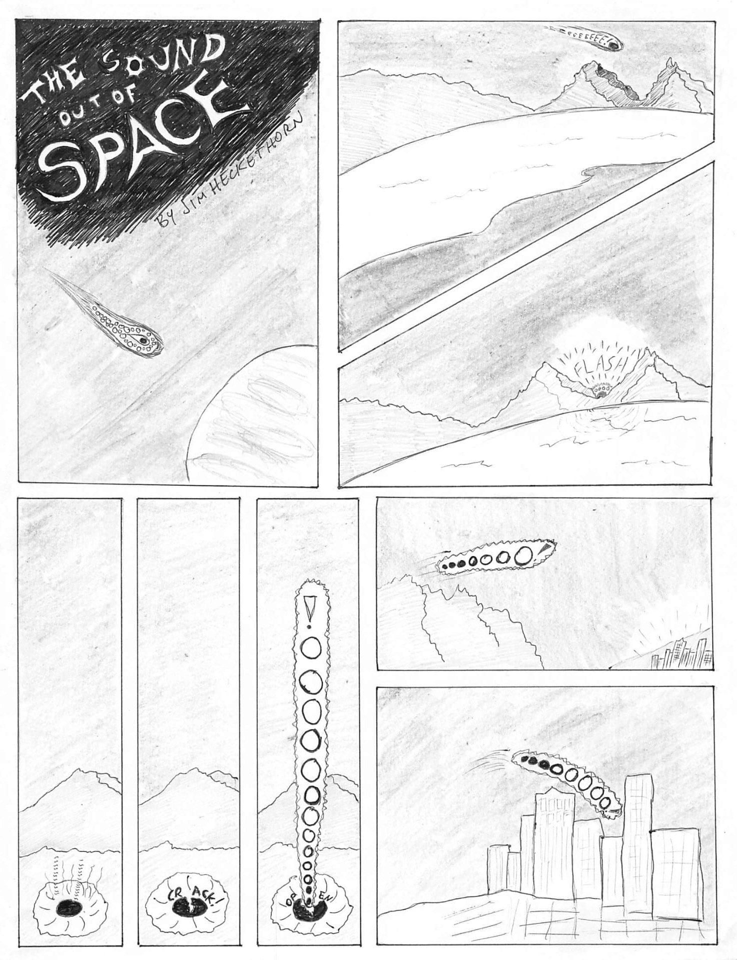 J. Heckethorn - Comic Page 1 - A meteor enters a planet's atmosphere and a sound emits from the broken shell.