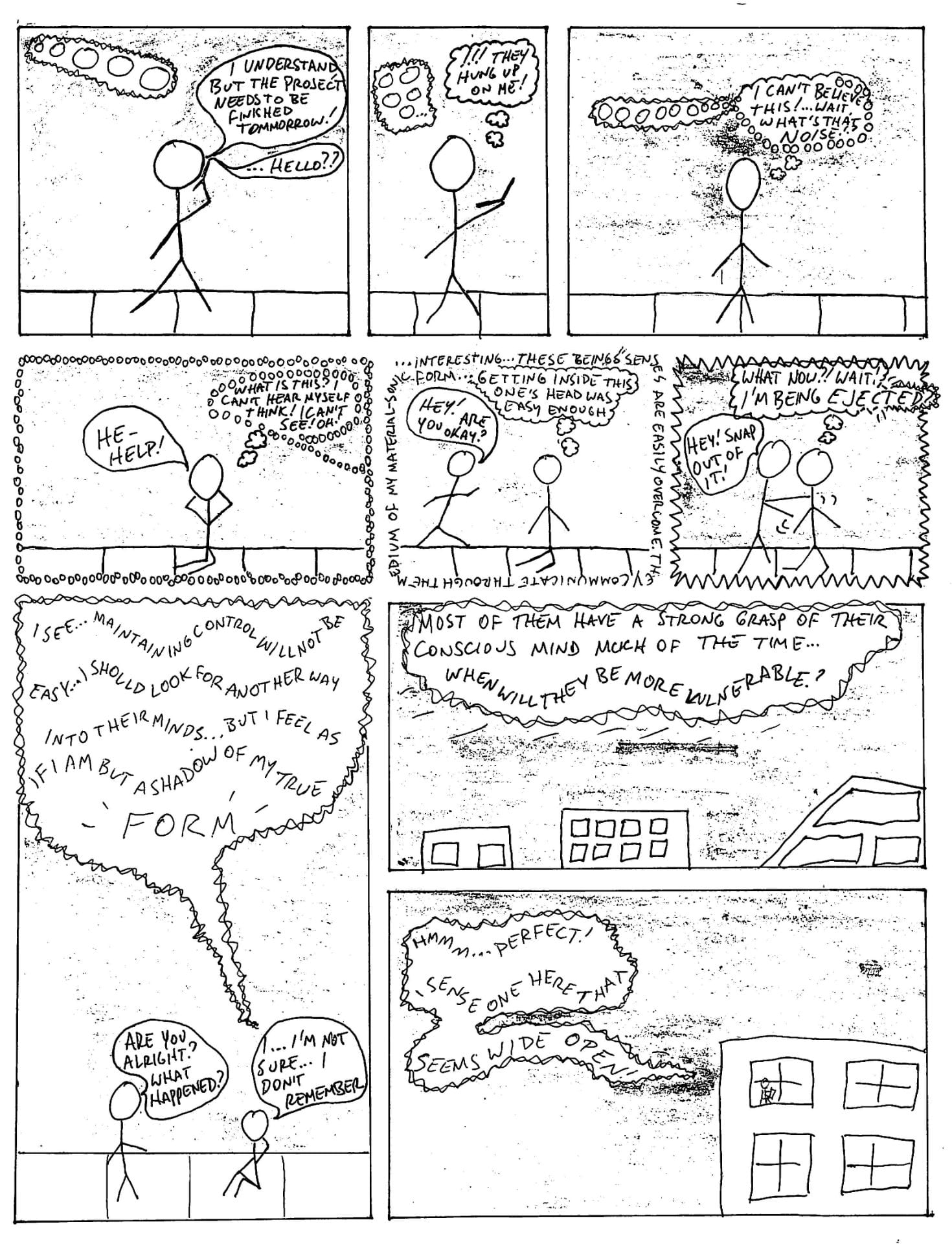 J. Heckethorn - Comic page 2 - We see the sound, which is more of a consciousness try to enter a mind, and is ejected because of the will of the person, and then sees an open one.