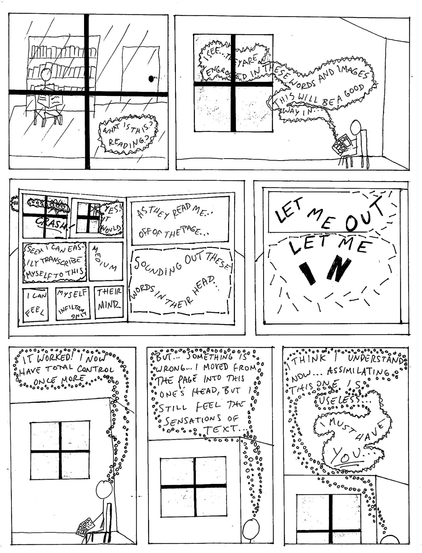J. Heckethorn - Comic Page 3 - The consciousness sees someone reading a comic and enters through the images and words. It works, but is not entirely useful.