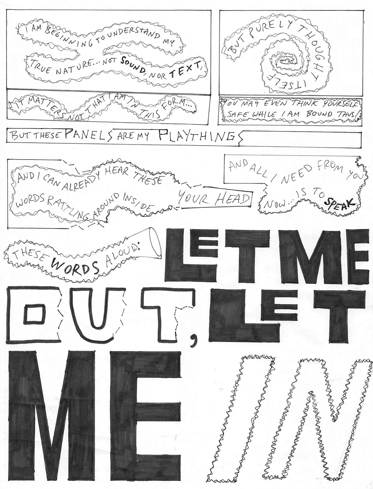 J. Heckethorn - Comic Page 4 - The consciousness starts to turn around their thinking and addresses the reader to speak aloud, "Let me out, let me in."