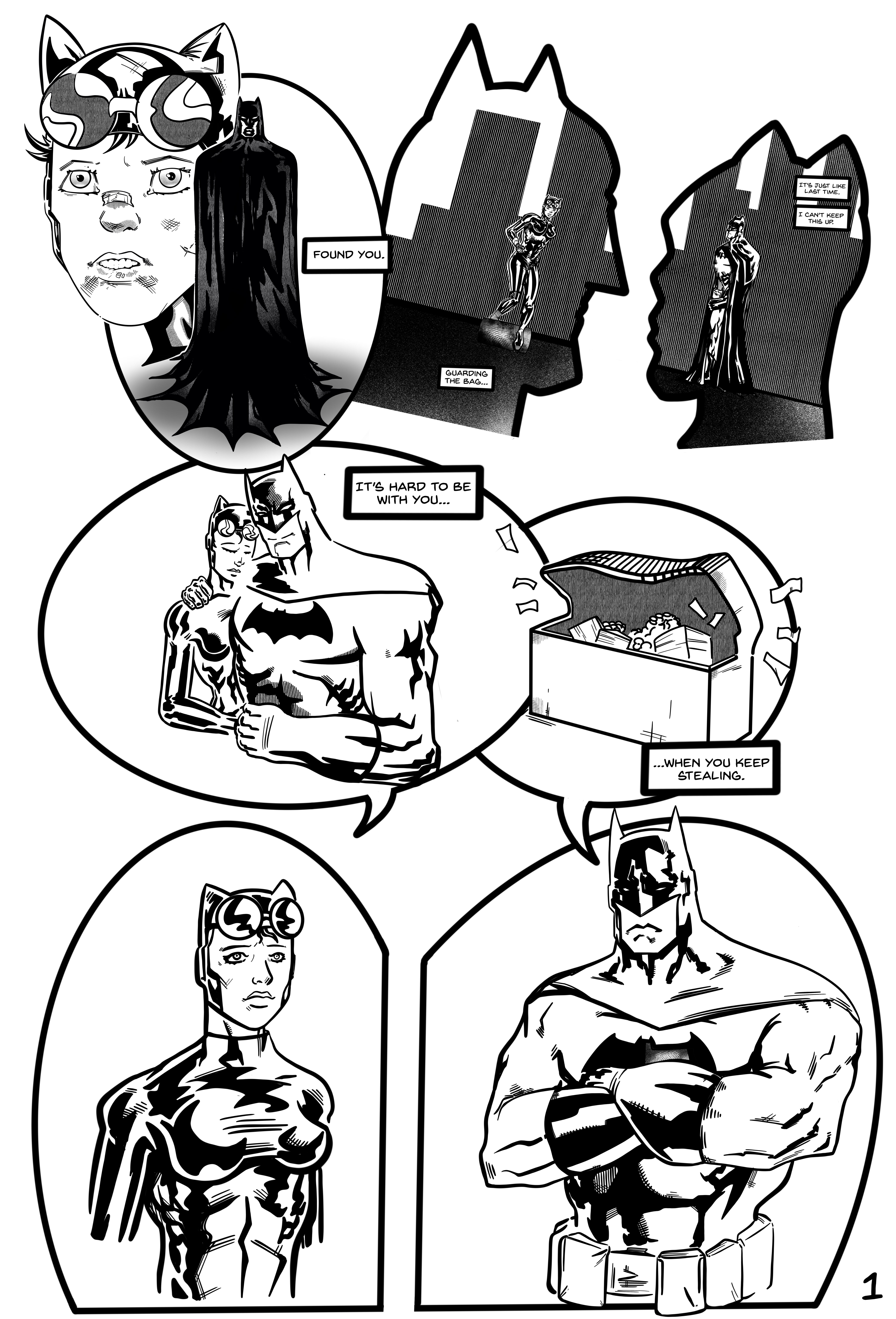 S. Miller - Comic Page 1 - Batman talks to Catwoman about how it is hard to be with each other when she keeps stealing.