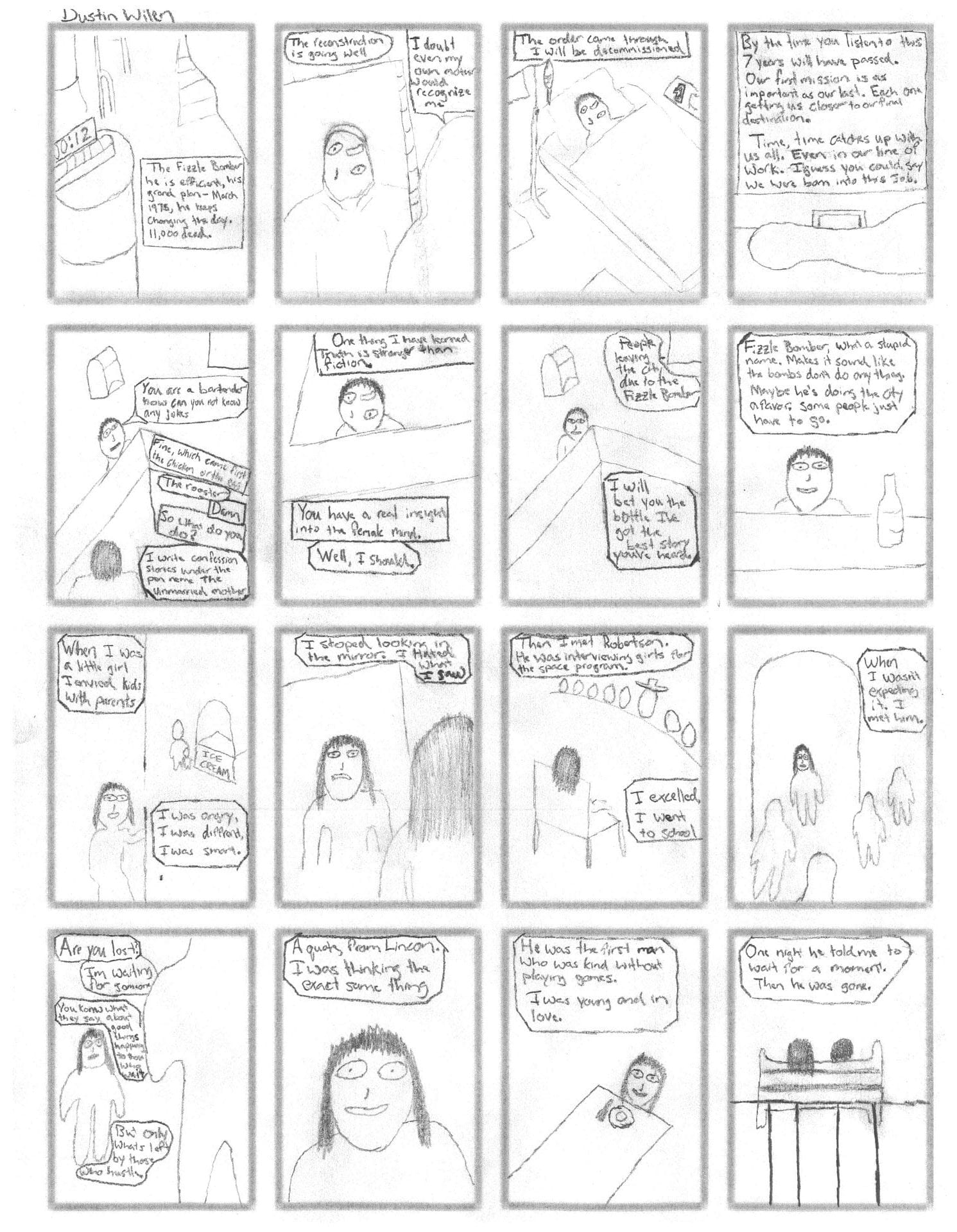 D. Wilen - Comic Page 1 - We watch a person narrating a bomber's warning, and then backstory on growing up in a space program and meeting a guy who leaves without warning.