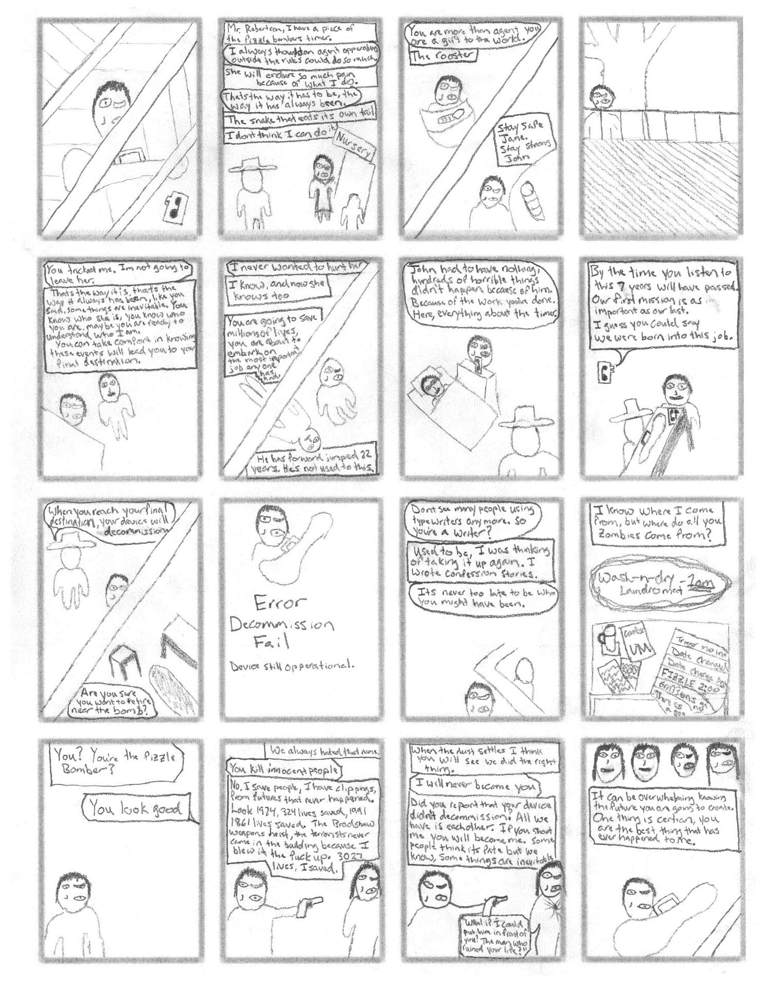 D. Wilen - Comic Page 4 - We see the different versions of the narrator congregate and converse, and we meet the child again.
