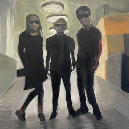 An oil painting of Jordan, Mari, and Clark, backlit in dark clothing. They look intimidating.