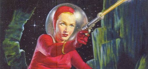Woman in red sci-fi outfit bravely defends a man (out of frame) with her laser pistol.