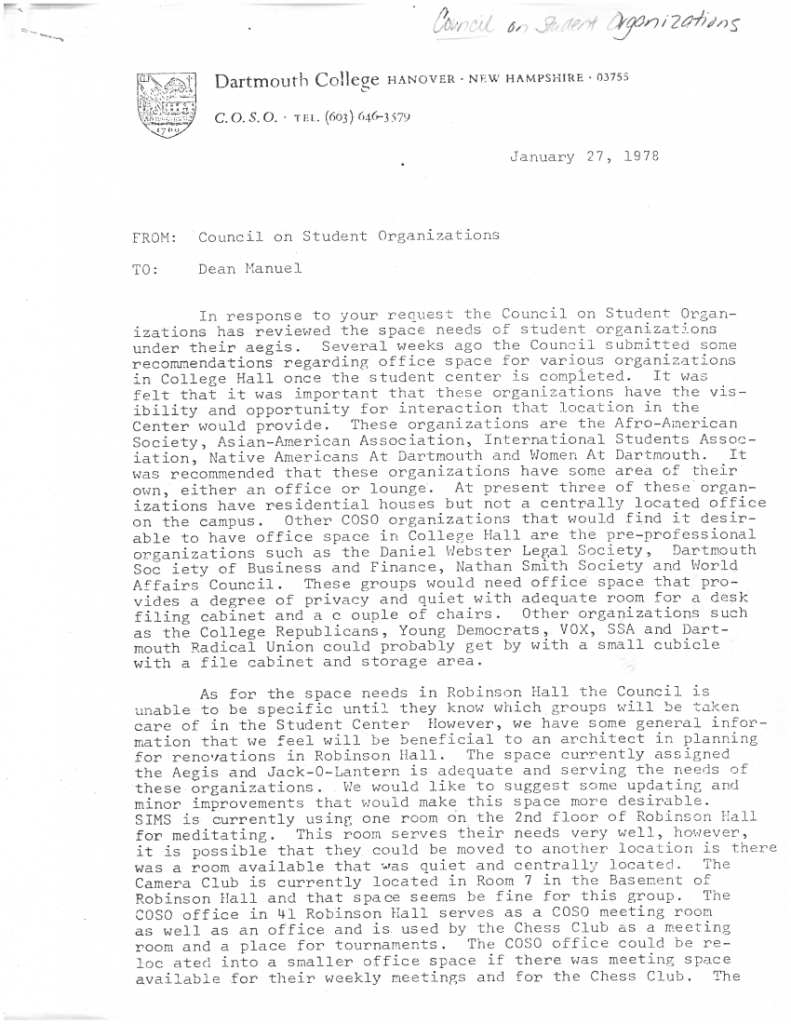 A page of a typewritten letter discussing COSO's recommendations for the new student center.