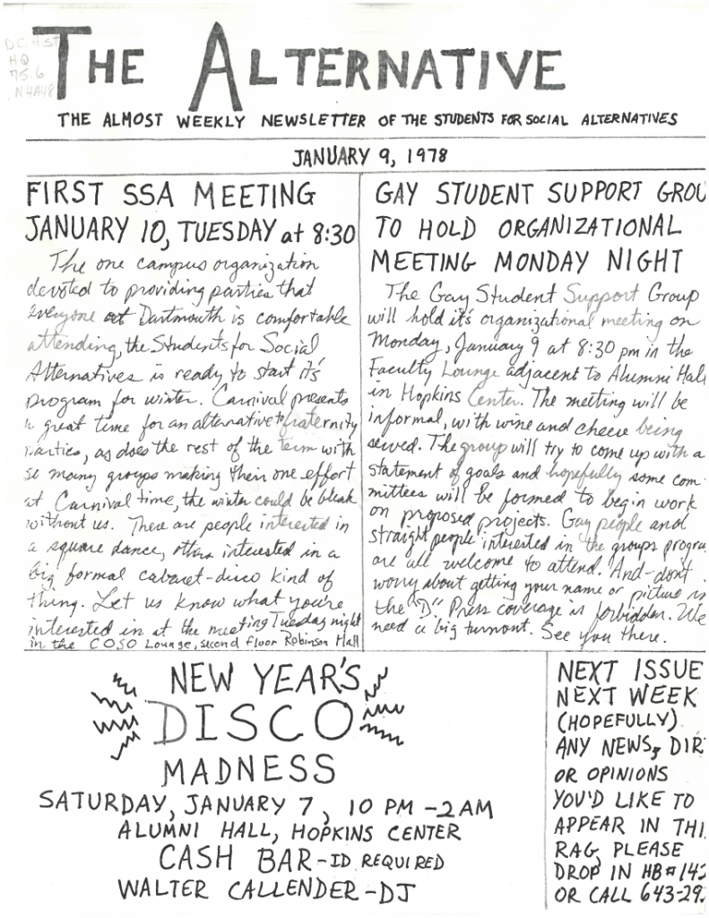 A page of the SSA's newsletter, The Alternative, from January 9, 1978. It advertises meetings for the SSA and the Gay Student Support Group, and New Year's Disco Madness.