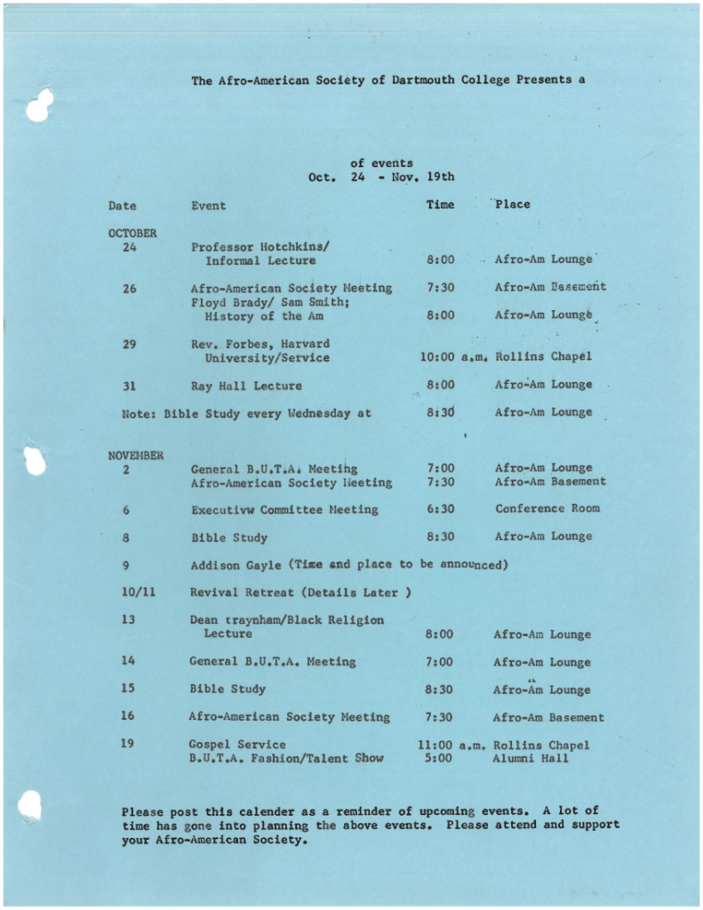 A typewritten page showing a series of ten events scheduled for October and November by the Afro-American Society.
