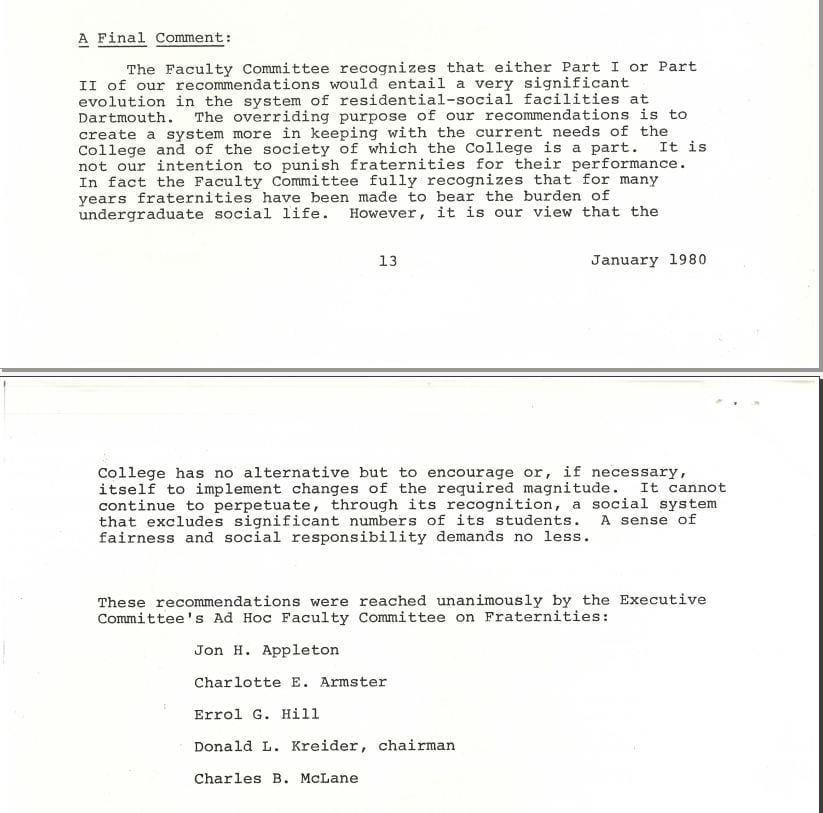 A typewritten page with the text of the final comment in the Ad Hoc Faculty Committee on Fraternities' report.