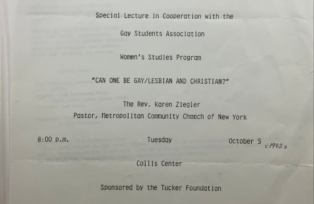 Flyer advertising a Tucker Foundation lecture entitled, "Can One Be Gay/Lesbian and Christian?"