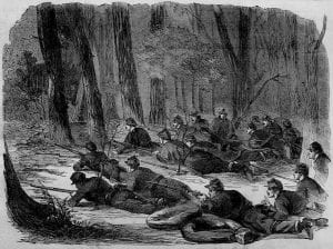 The Army of the Potomac — Our Outlying Picket in the Woods, a wood engraving sketched by Winslow Homer and published in Harper's Weekly, June 7, 1862.